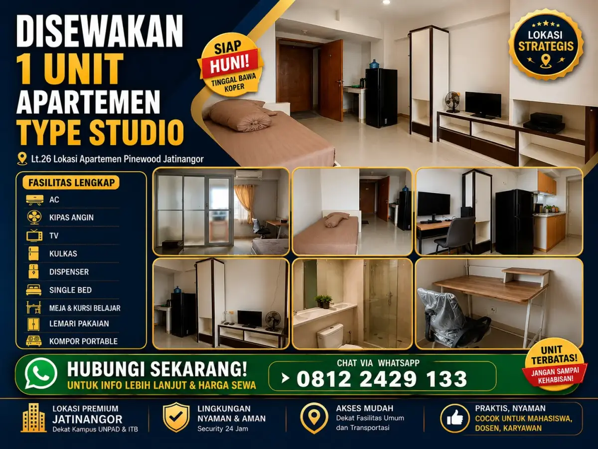 Disewakan Apartemen Studio Pinewood Jatinangor – Dekat UNPAD, ITB, IKOPIN & IPDN