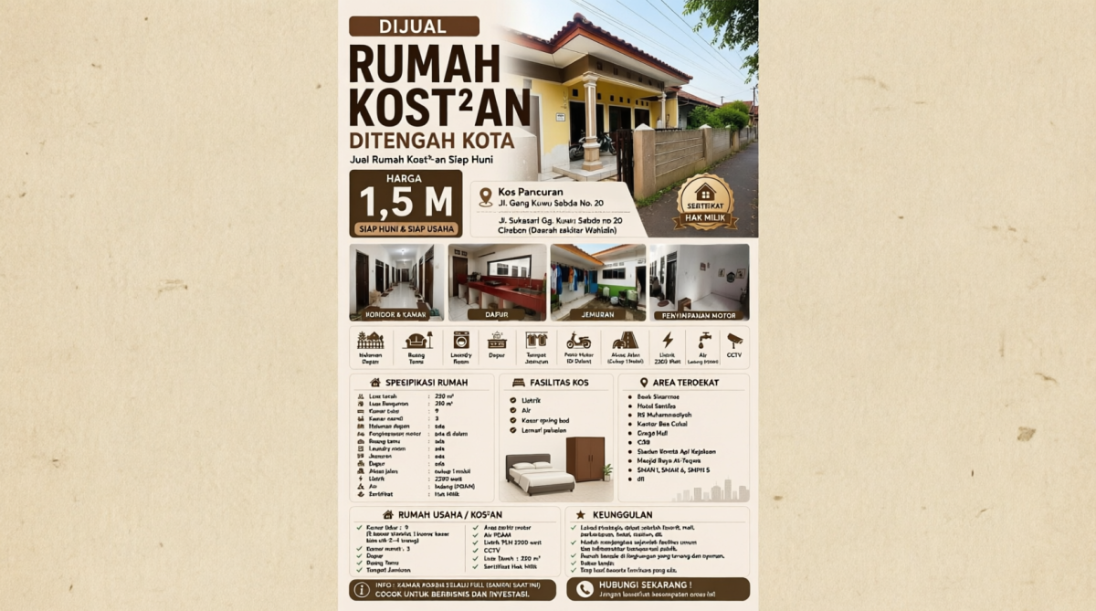 Dijual Rumah Kost 9 Kamar Siap Huni di Tengah Kota Cirebon 